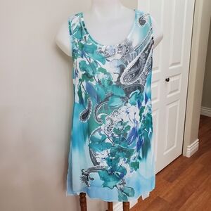 Pretty Woman Light Semi-sheer Floral Tank Top - MEDIUM Blue and Green